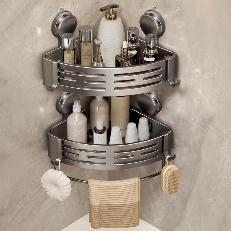VOLPONE Corner Shower Caddy Suction Cup Shower Shelf Corner No Drilling Bathroom Shower Organizer Storage Rack Adhesive with Towel Bar Hooks (2-Pack, Matte Gray) - Image 1